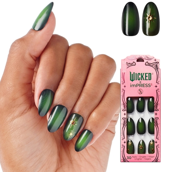 WICKED X imPRESS Press on Nails, Elphaba Thropp, Green, Medium Almond, 30 Count - Picture 1 of 3